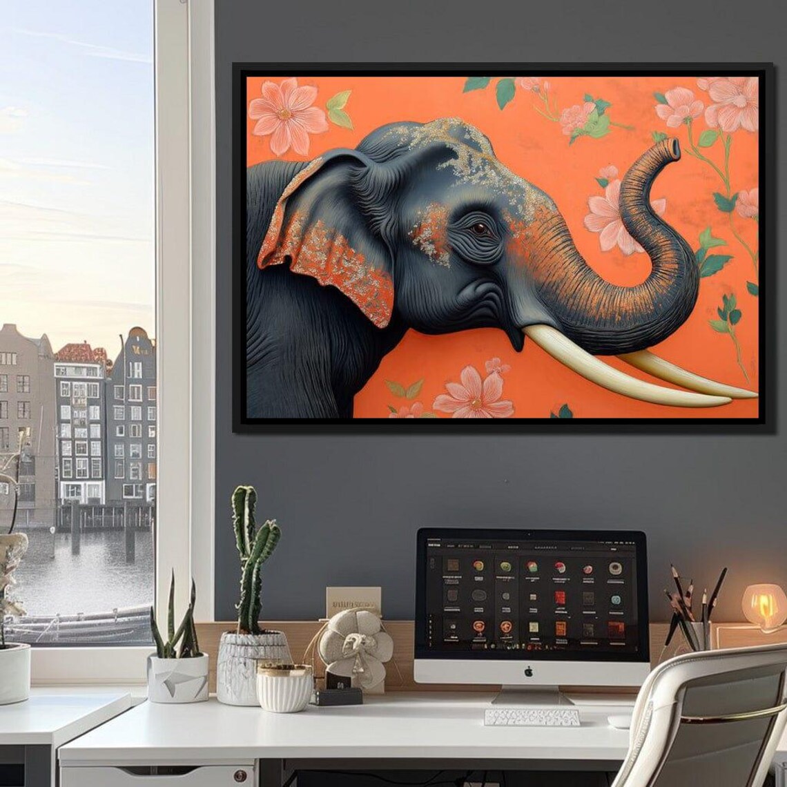 Black Elephant Orange Floral Background Gold Accents Bold Animal Poster - Image 2