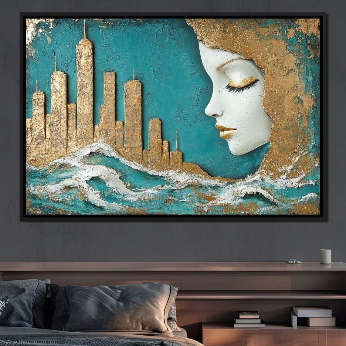 Gold City Skyline Teal Waves White Woman Profile Surreal Dream Poster - Image 2