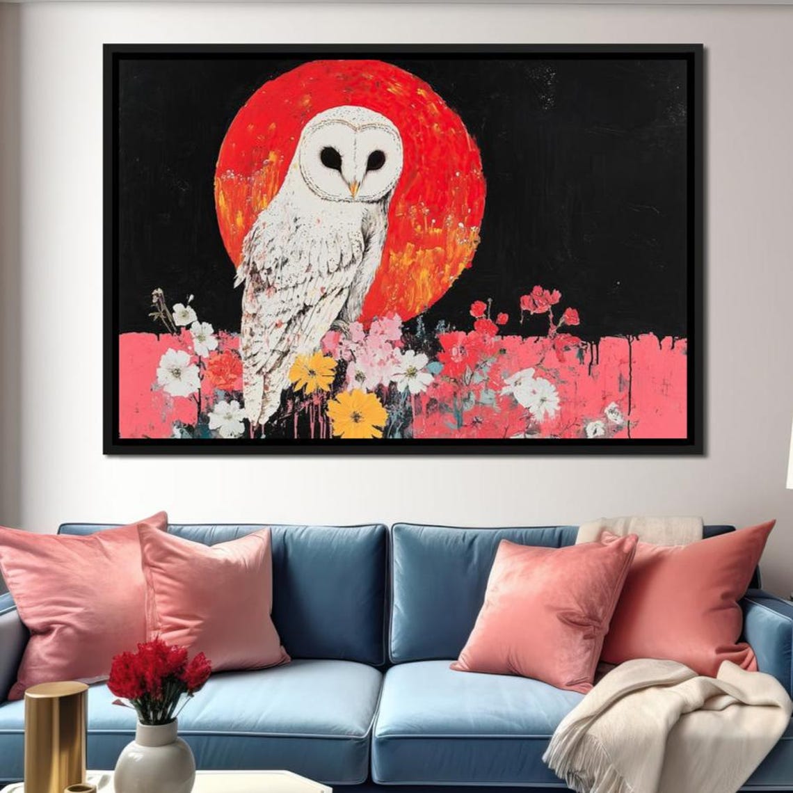 White Barn Owl Red Sun Moon Floral Meadow Night Wildlife Art Print