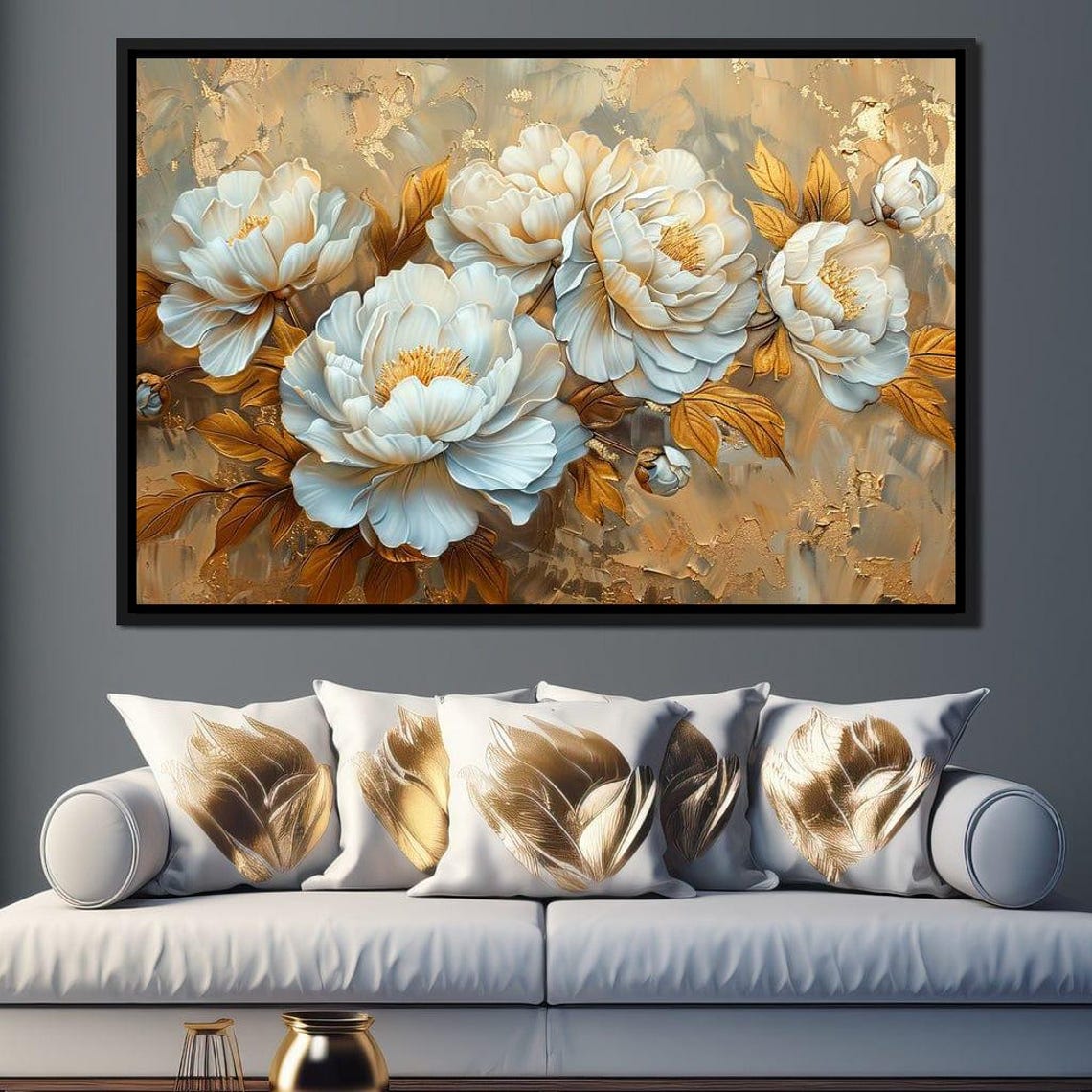 Golden White Peonies On Gold Leaf Background Floral Art Wall Poster - Image 2