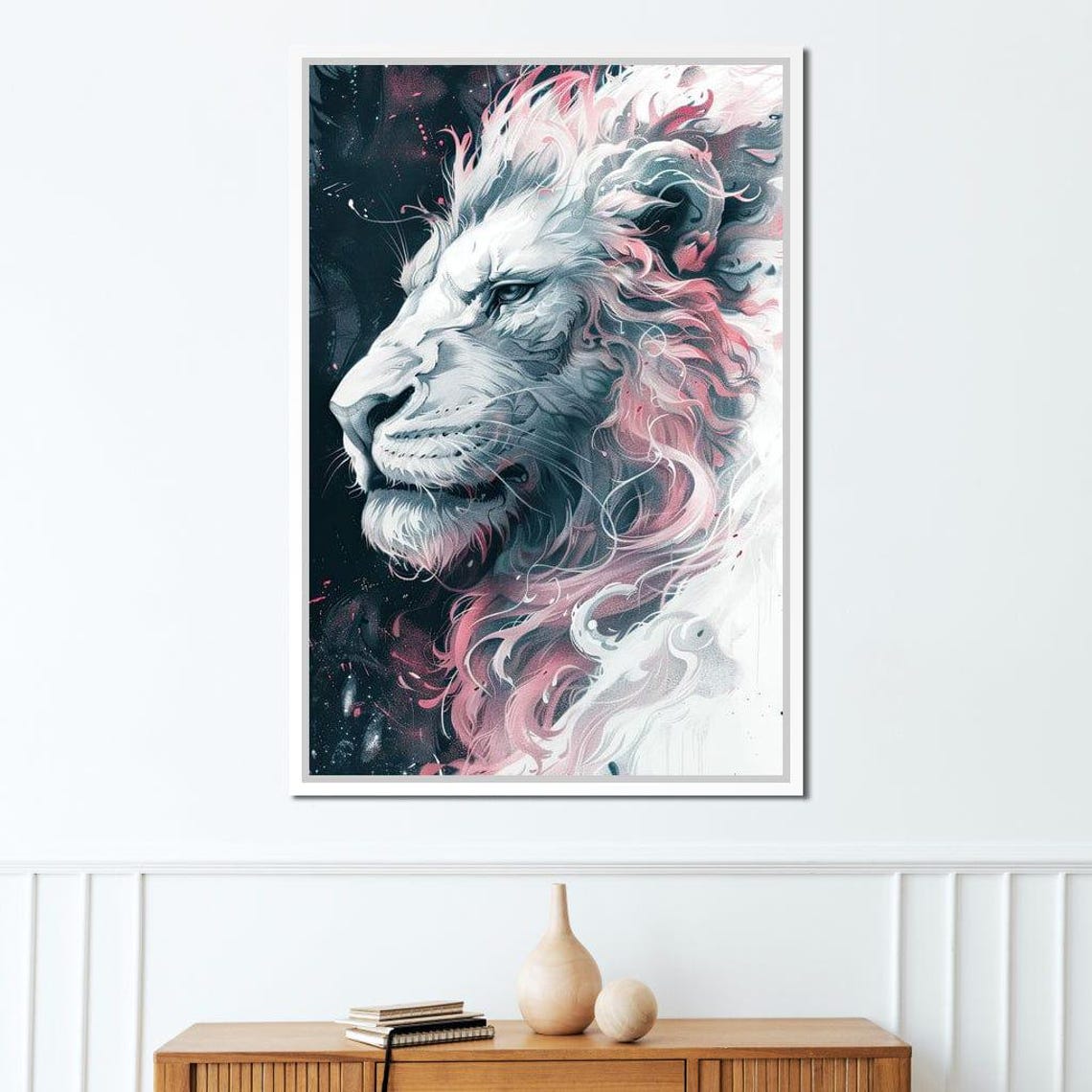 Ethereal White Lion Flowing Pink Mane Dark Fantasy Animal Art Poster - Image 2