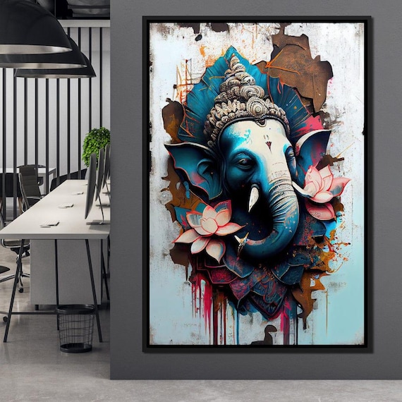 Blue Ganesha Elephant God Graffiti Style Pink Lotus Wall Art Poster