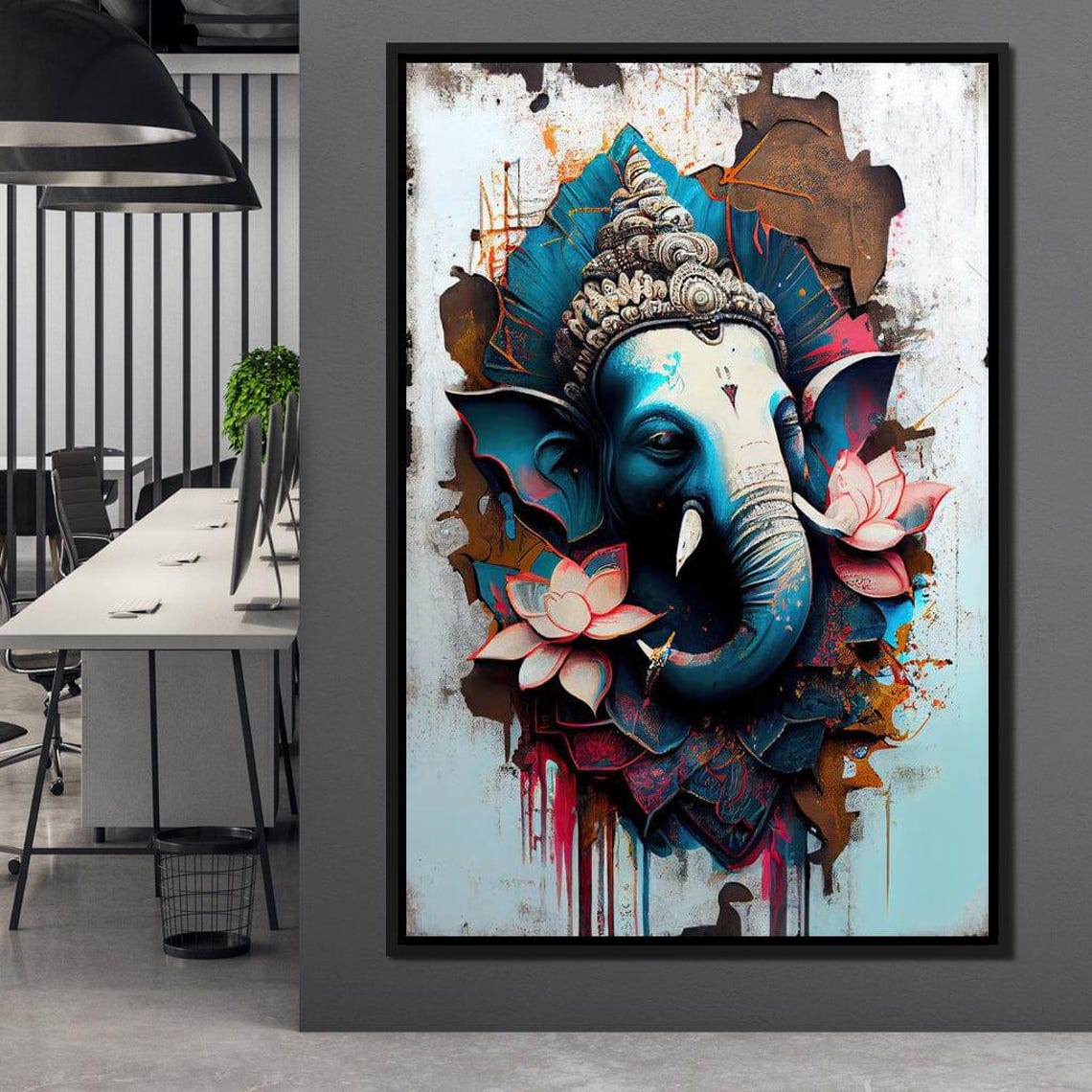 Blue Ganesha Elephant God Graffiti Style Pink Lotus Wall Art Poster