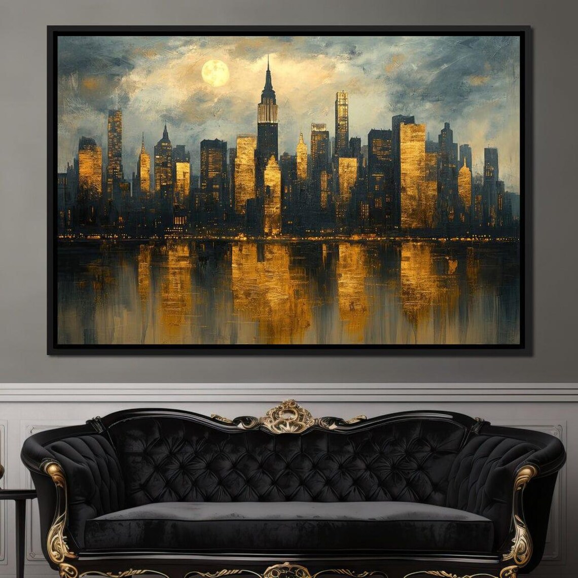New York City Skyline Golden Night Empire State Moon Reflection Poster - Image 3