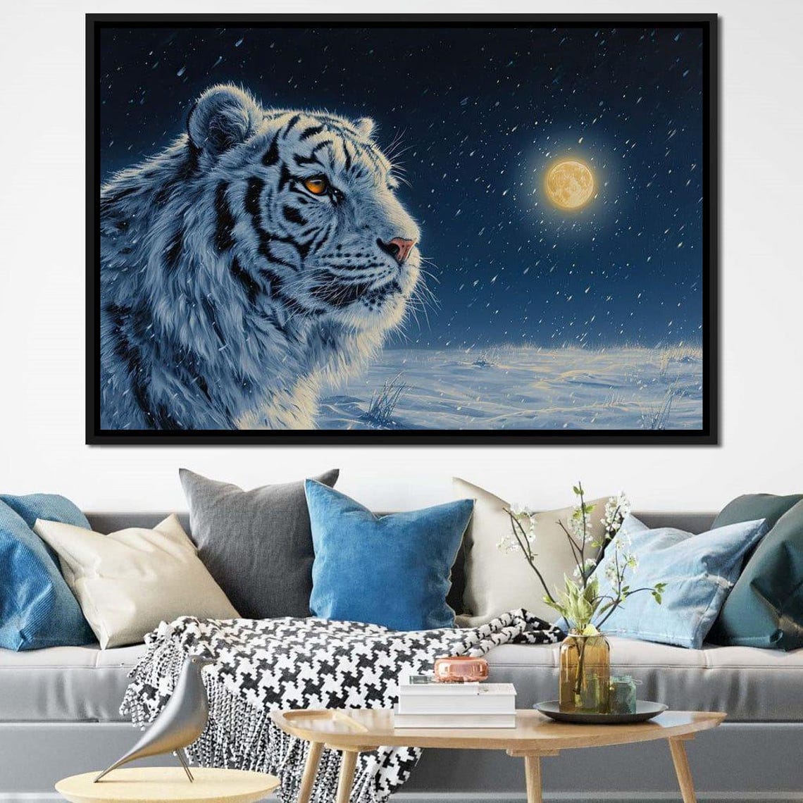 White Tiger Snowy Night Moonlight Serene Wildlife Portrait Art Poster