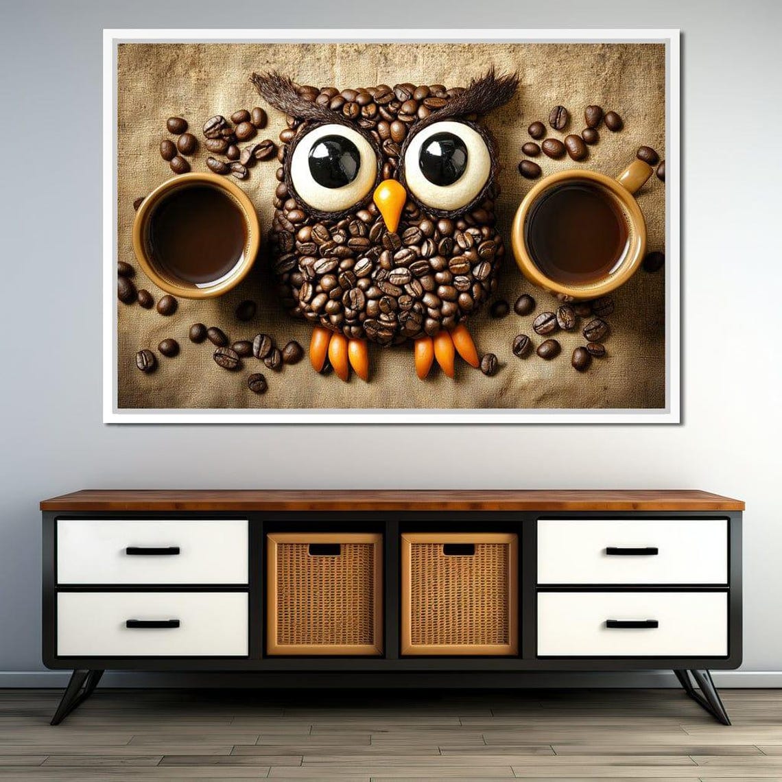 Cute Coffee Bean Owl Two Cups Rustic Burlap Kitchen Decor Wall Art