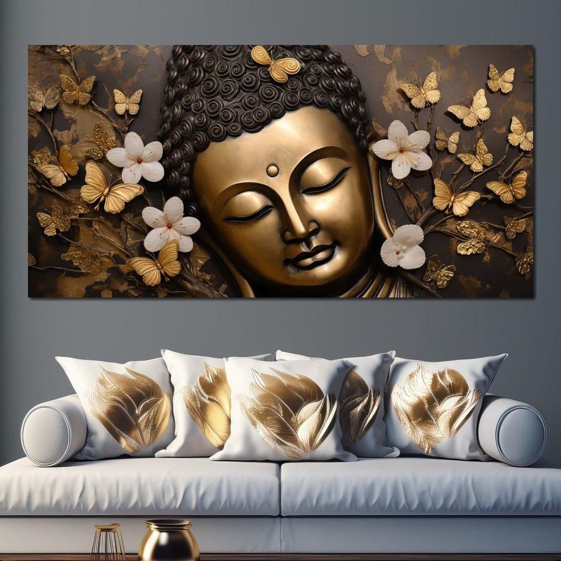 Golden Buddha Head Butterflies White Flowers Zen Bliss Wall Art - Image 3