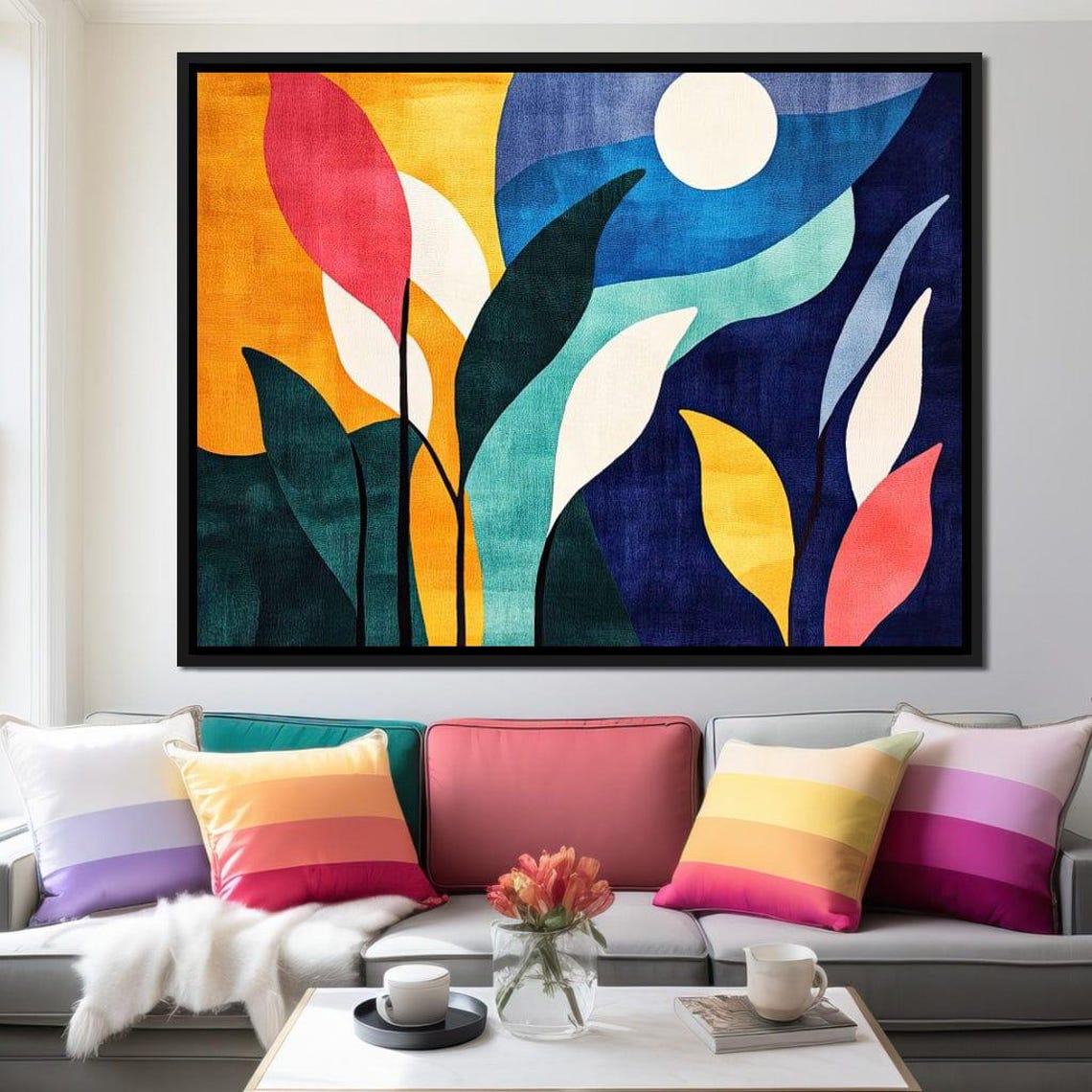 Abstract Bold Leaves Sun Night Sky Vibrant Modern Botanical Art Poster