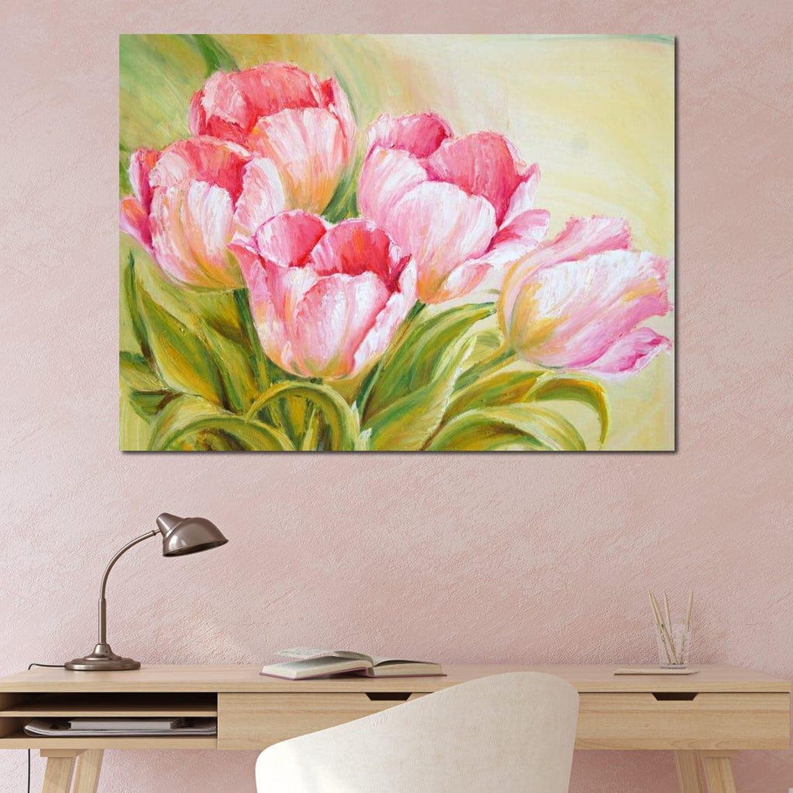 Pink Tulips Oil Painting Soft Yellow Green Spring Floral Print - Image 4