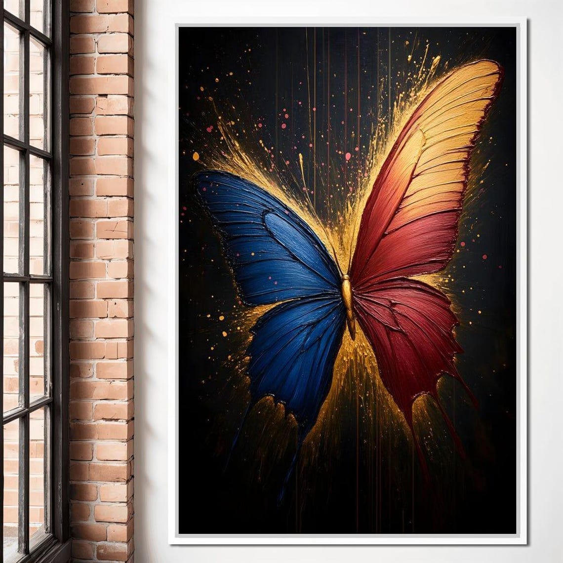 Butterfly Blue Red Gold Wings Black Background Dramatic Art Print - Image 4