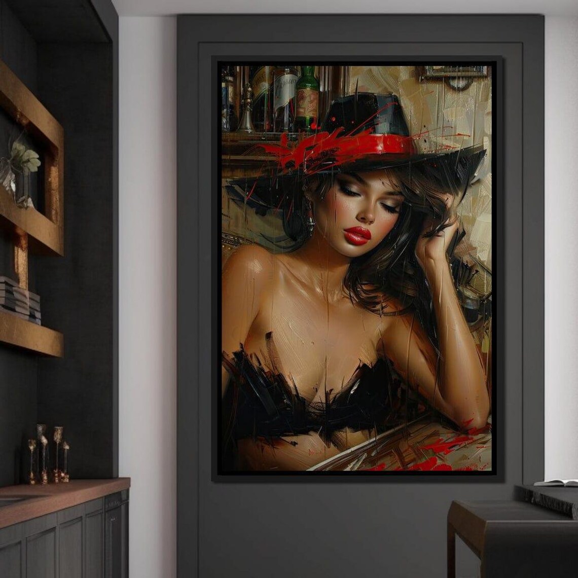 Noir Fedora Woman Red Band Dramatic Bar Room Portrait Art Print - Image 4