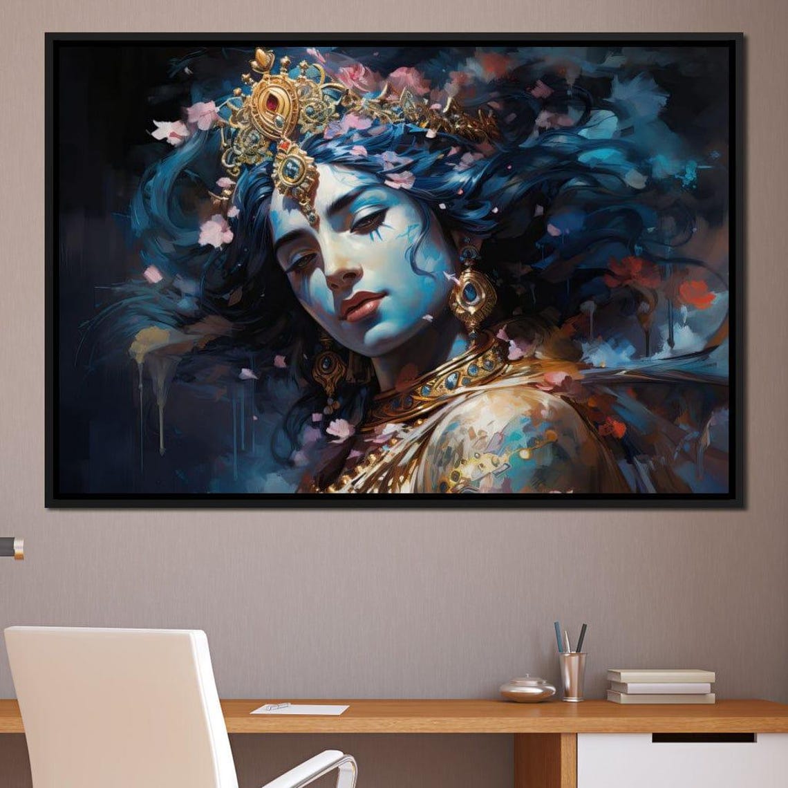 Ethereal Blue Hindu Goddess Golden Crown Floral Mystical Wall Art - Image 2