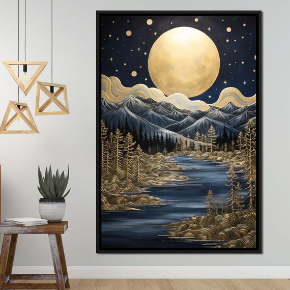 Indigo Night Skies Moonlit Mountain Nature Wall Art Starry Night Decor Tranquil Home Decor Gold Accents By Nichecanvas