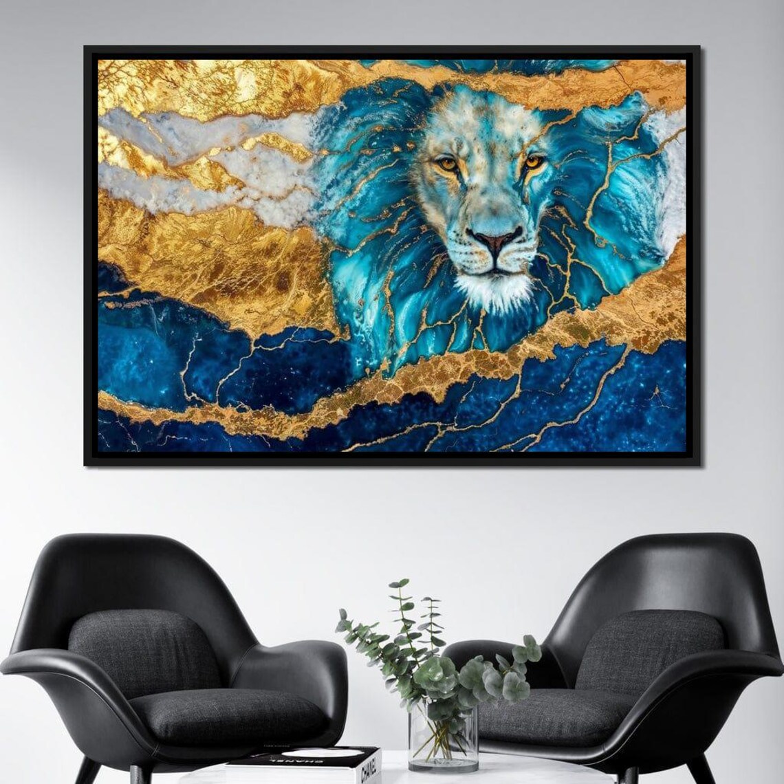 Regal Azure Lion Blue Gold Marble Mane Majestic Luxury Wildlife Wall Art Poster - Image 2