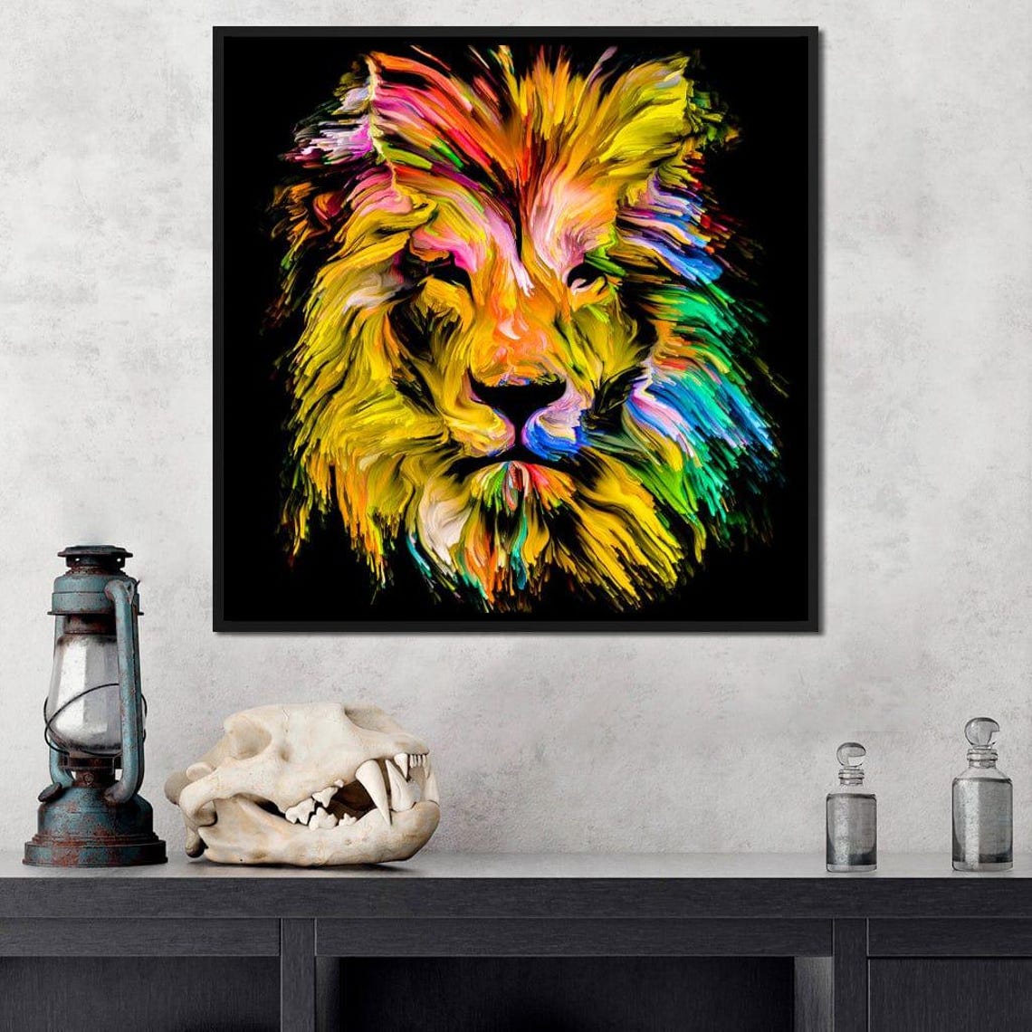 Colorful Abstract Lion Head Vibrant Yellow Mane Black Art Print