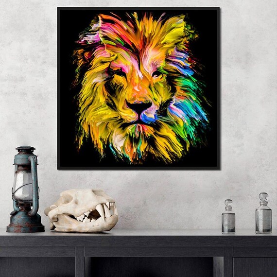Colorful Abstract Lion Head Vibrant Yellow Mane Black Art Print