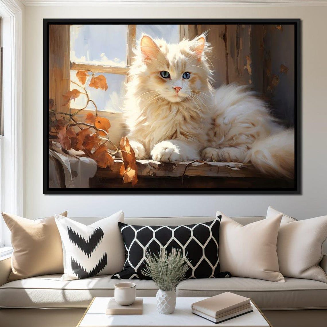 Fluffy Cream Cat Blue Eyes Autumn Sunlit Windowsill Cozy Art Print - Image 2