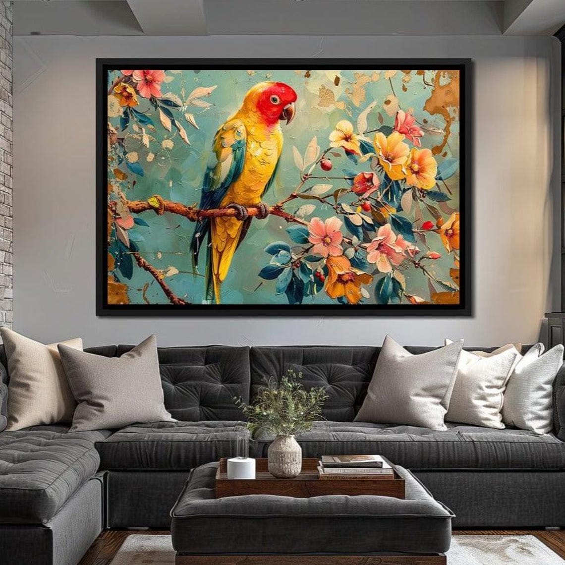 Vibrant Sun Conure Parrot Blossom Branch Floral Bird Wall Art Poster - Image 2