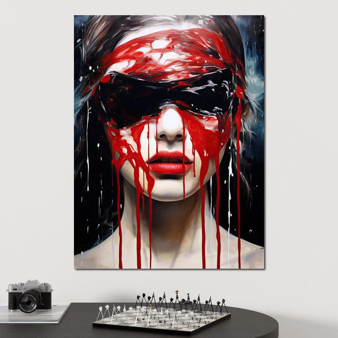 Red Veil Paint Drips Blindfolded Woman Edgy Gothic Portrait Poster - Image 2