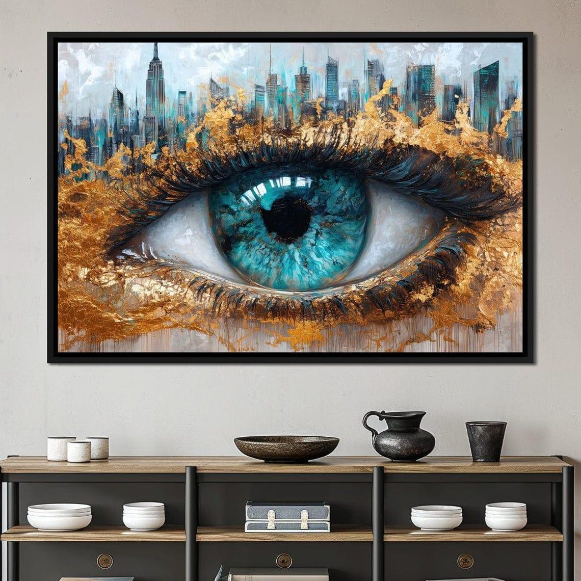 Teal Blue Abstract Eye City Skyline Gold Leaf Modern Bold Art Poster - Image 3