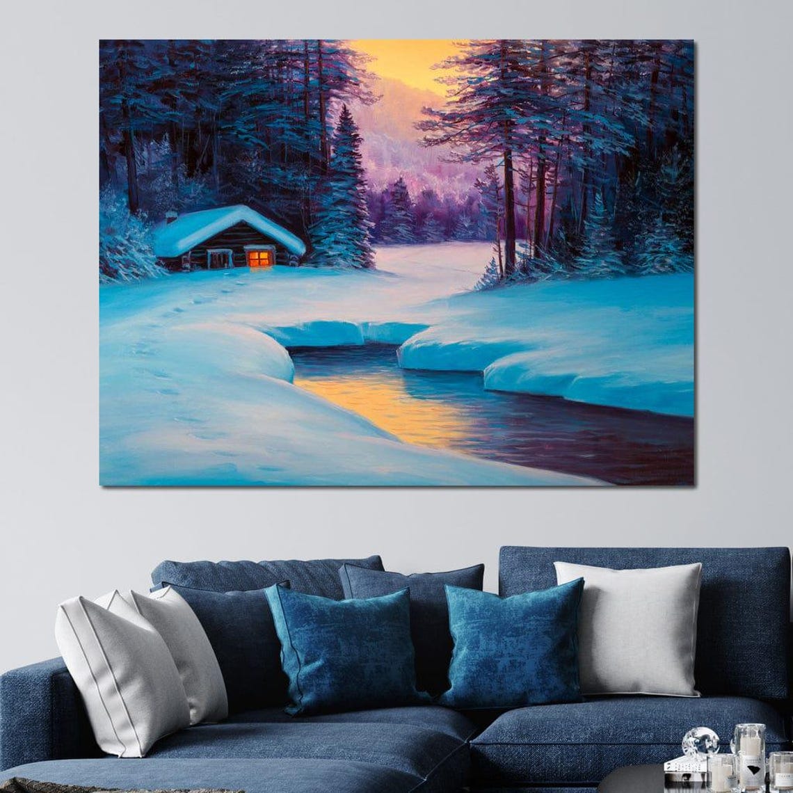 Snowy Cabin Winter Forest River Sunset Cozy Landscape Travel Poster - Image 4