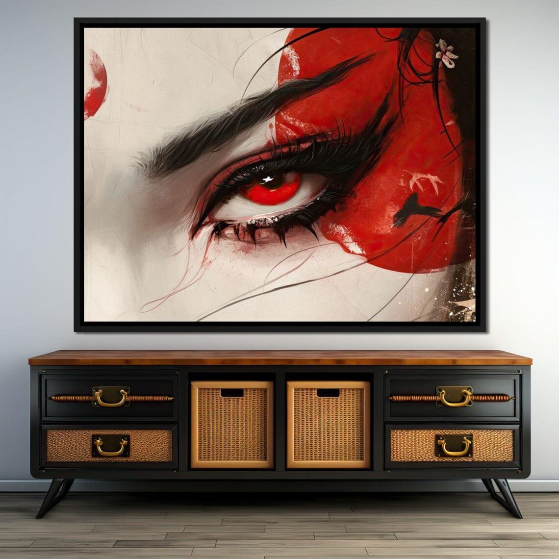 Crimson Gaze Geisha Eye Close Up Red Iris Ink Brush Japanese Poster - Image 2