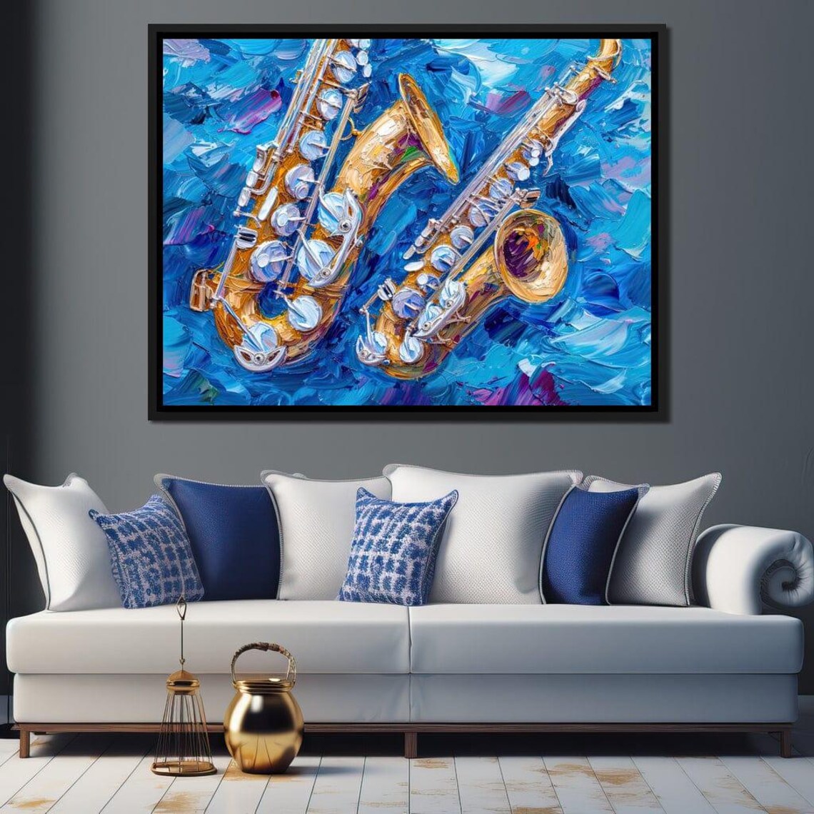 Golden Saxophones Blue Background Impasto Jazz Instrument Modern Art Poster - Image 2
