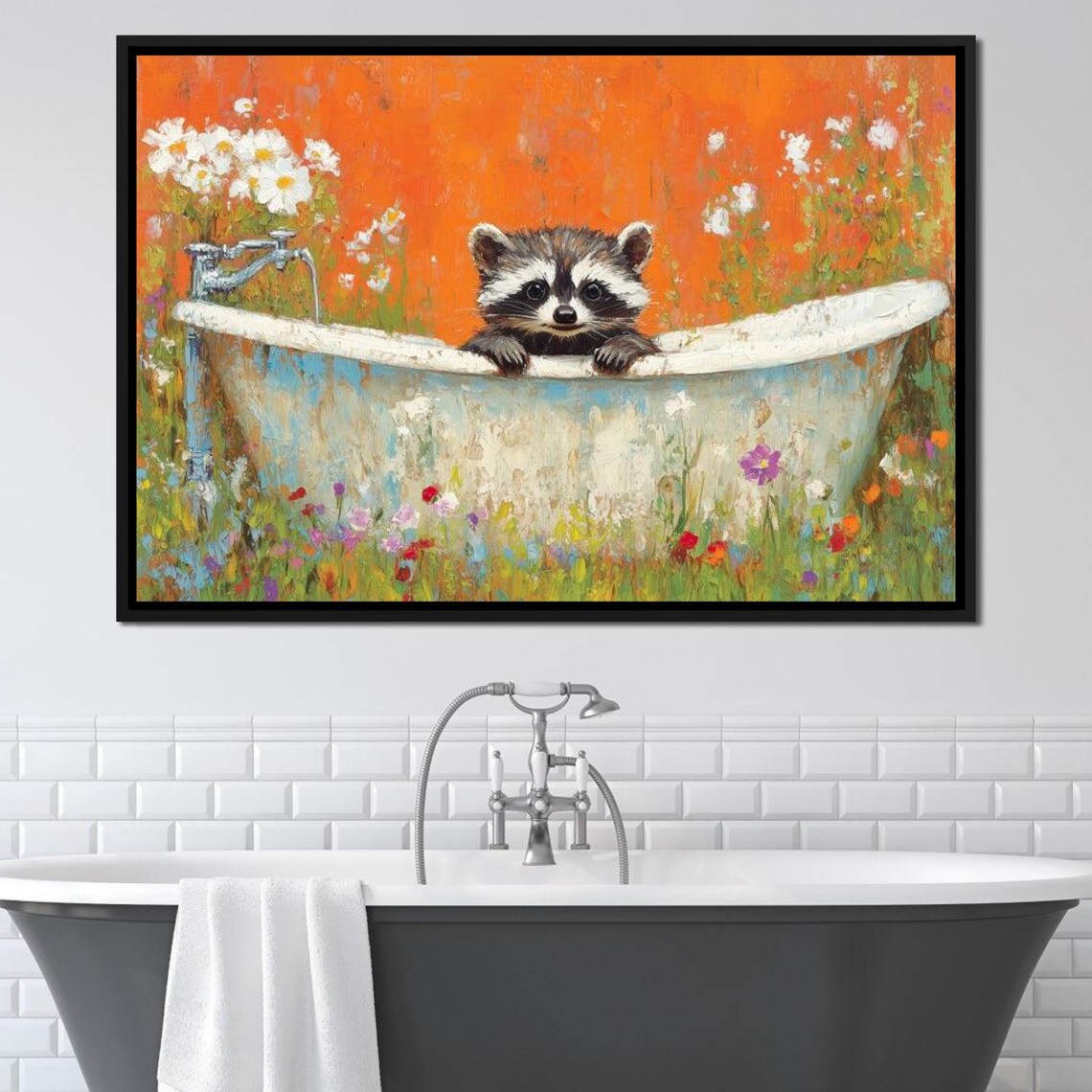 Baby Raccoon Bathtub Wildflower Meadow Orange Background Cute Wall Print - Image 3