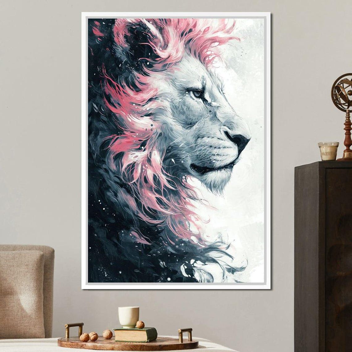 White Lion Pink Mane Watercolor Bold Modern Animal Art Poster - Image 2