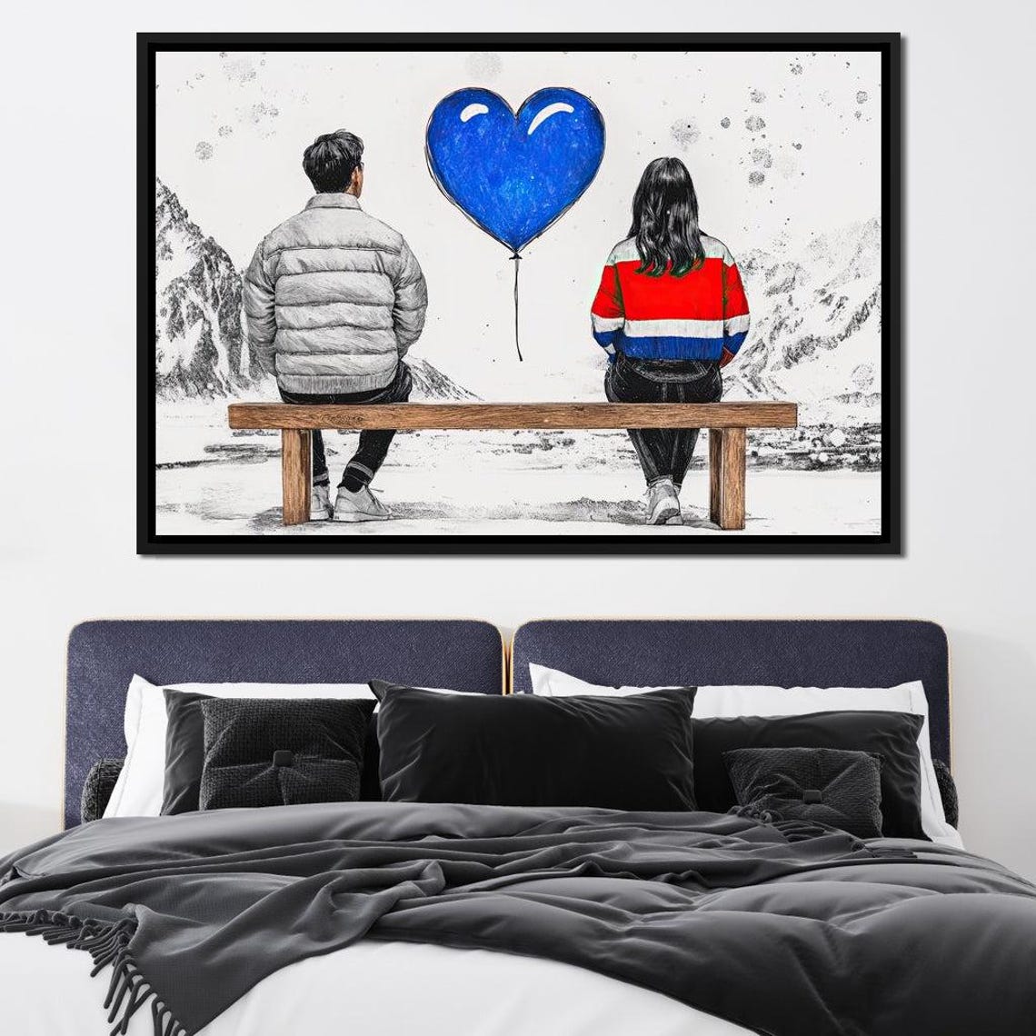 Romantic Couple Snowy Mountain Bench Blue Heart Balloon Wall Art - Image 2