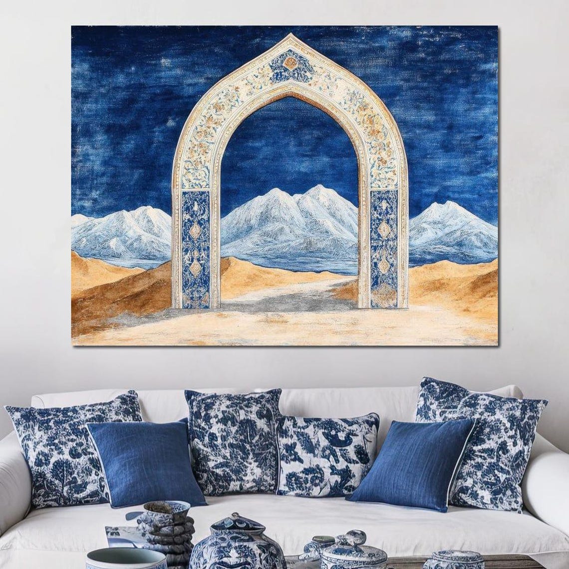 Majestic Archway Panorama Decorative Home Decor Islamic Arches Wall Art Blue Beige By Nichecanvas - Image 2