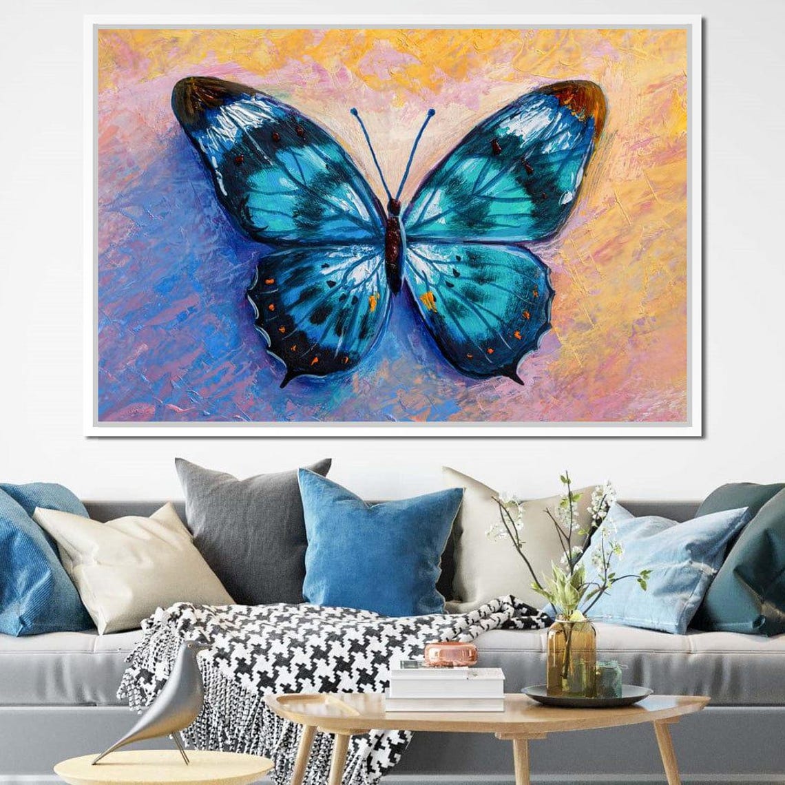 Blue Butterfly On Pastel Painted Background Vibrant Insect Art Poster