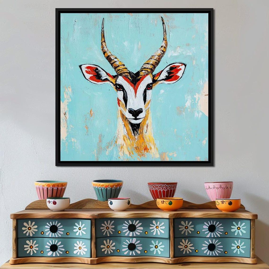 Colorful Gazelle Antelope Head Turquoise Background Wildlife Art Print - Image 3