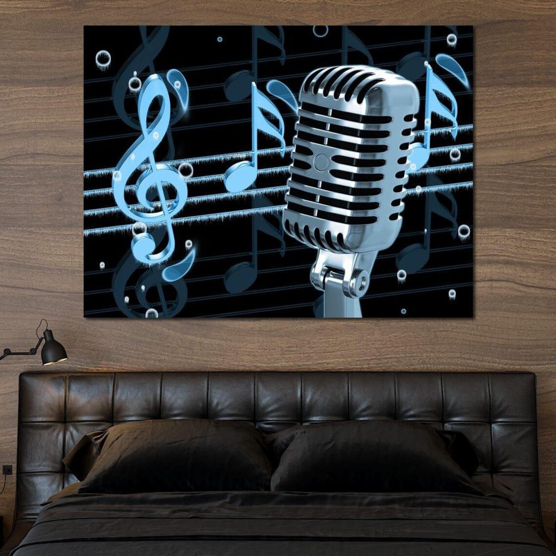 Vintage Chrome Microphone Blue Musical Notes Retro Singing Music Art Poster - Image 4