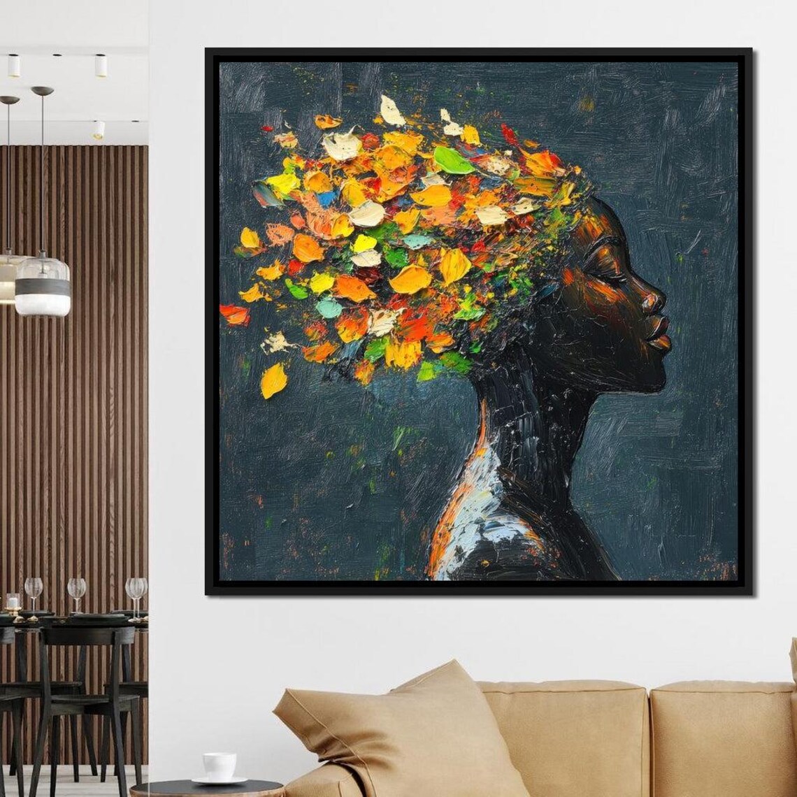 Elegant Woman With Golden Autumn Leaves Afro Impasto Portrait Poster - Image 4