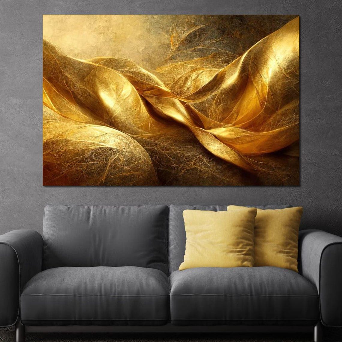 Golden Silk Fabric Waves Five Panel Luxe Abstract Wall Art Poster - Image 2