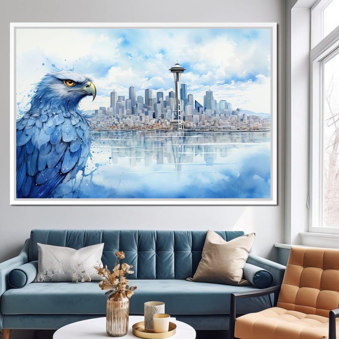 Seattle Skyline Space Needle Blue Eagle Watercolor Art Print Decor - Image 2