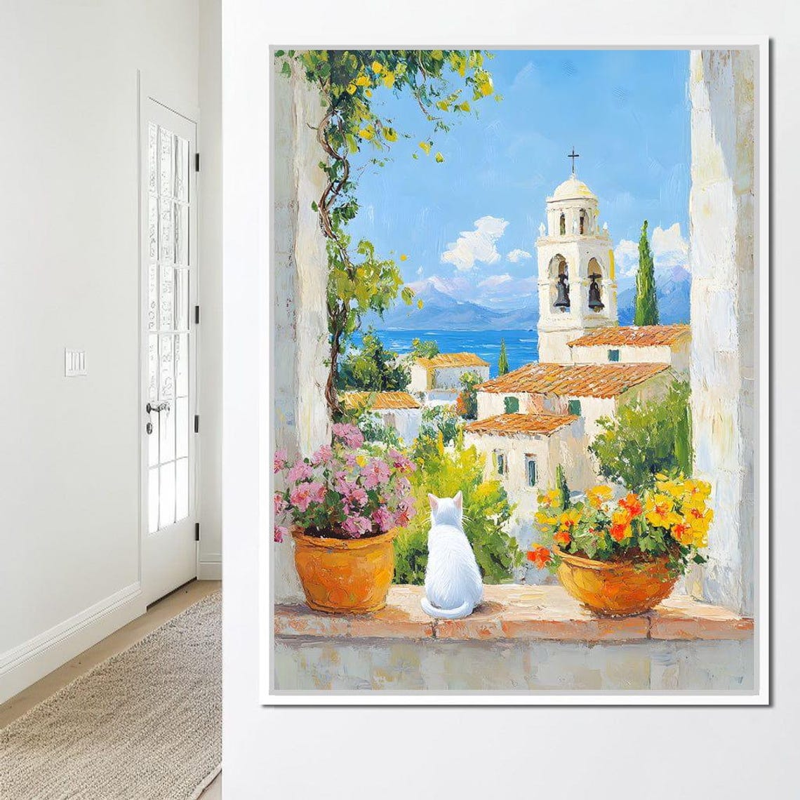 White Cat On Mediterranean Village Windowsill Coastal Poster