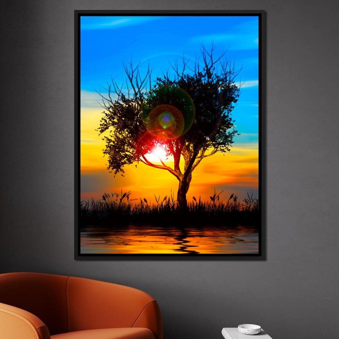 Colorful Sundown Vibrant Colors Tree Silhouette Evening Scene Landscape Art Sunset Reflection Home Decor By Nichecanvas