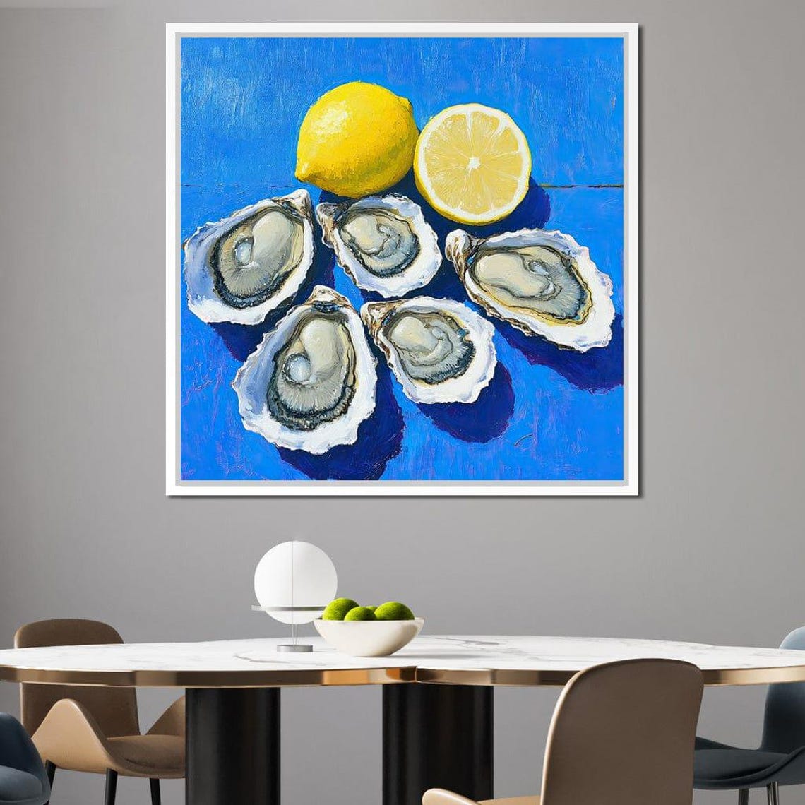 Fresh Oysters Lemon Blue Background Coastal Kitchen Wall Art - Image 3