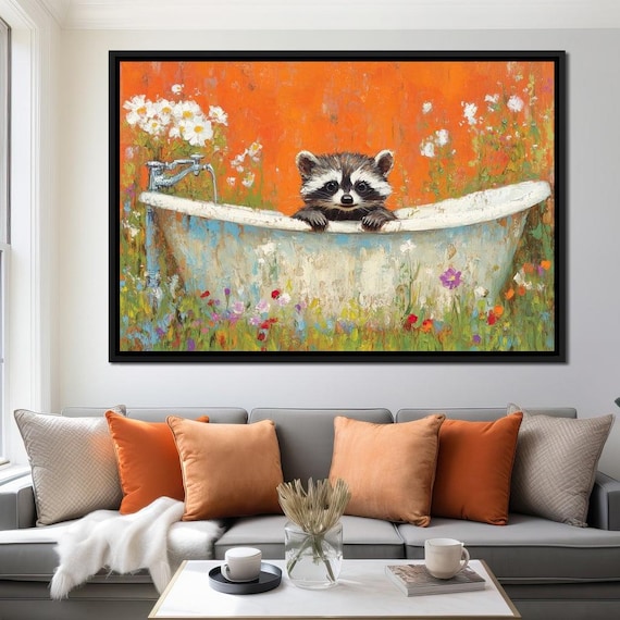 Baby Raccoon Bathtub Wildflower Meadow Orange Background Cute Wall Print