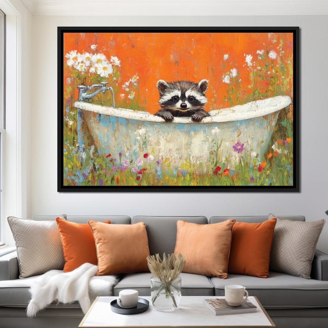 Baby Raccoon Bathtub Wildflower Meadow Orange Background Cute Wall Print
