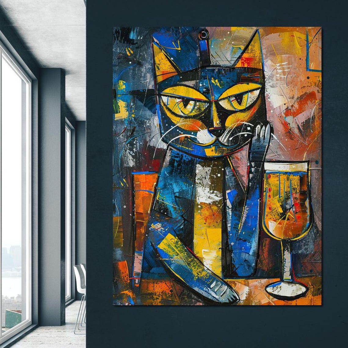 Cubist Black Cat Wine Glass Blue Yellow Whimsical Modern Wall Art - Image 2