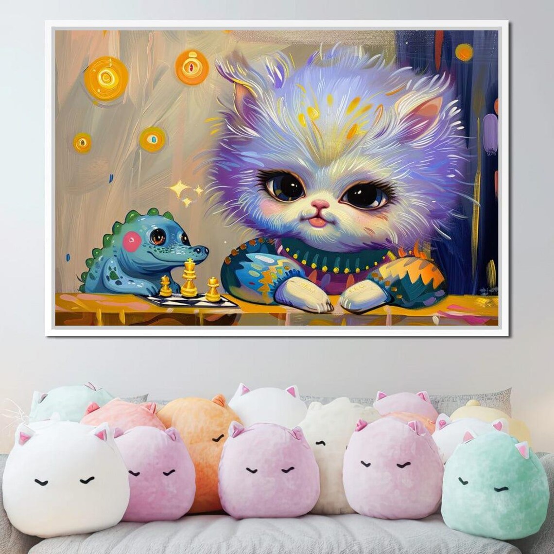 Cute Kitten Chess Game With Baby Dinosaur Colorful Whimsical Kids Room Wall Poster - Image 3