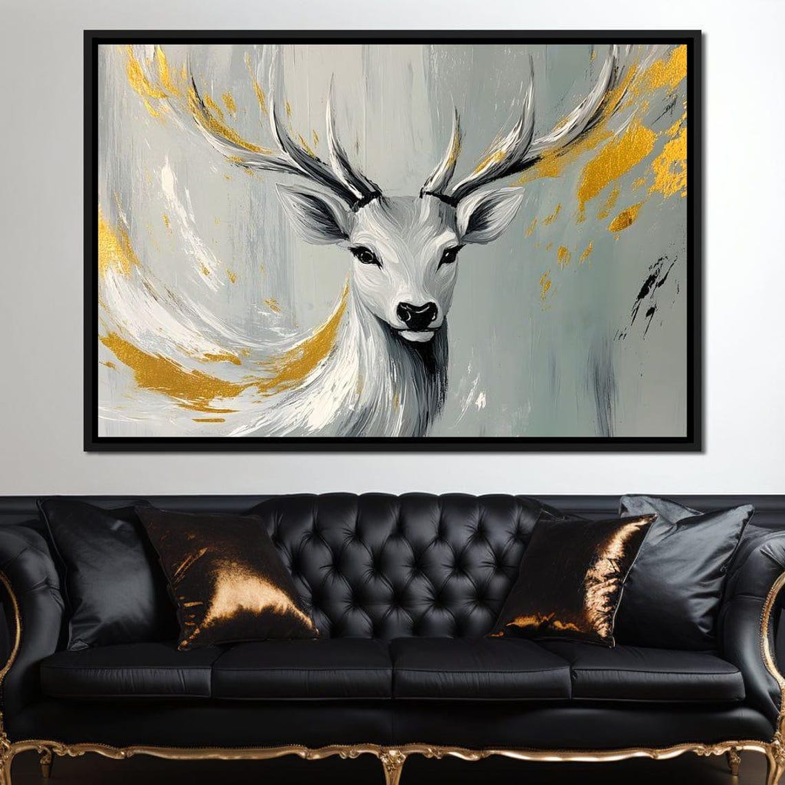 Serene White Stag Portrait with Golden Leaf Brushstrokes Poster - Image 2