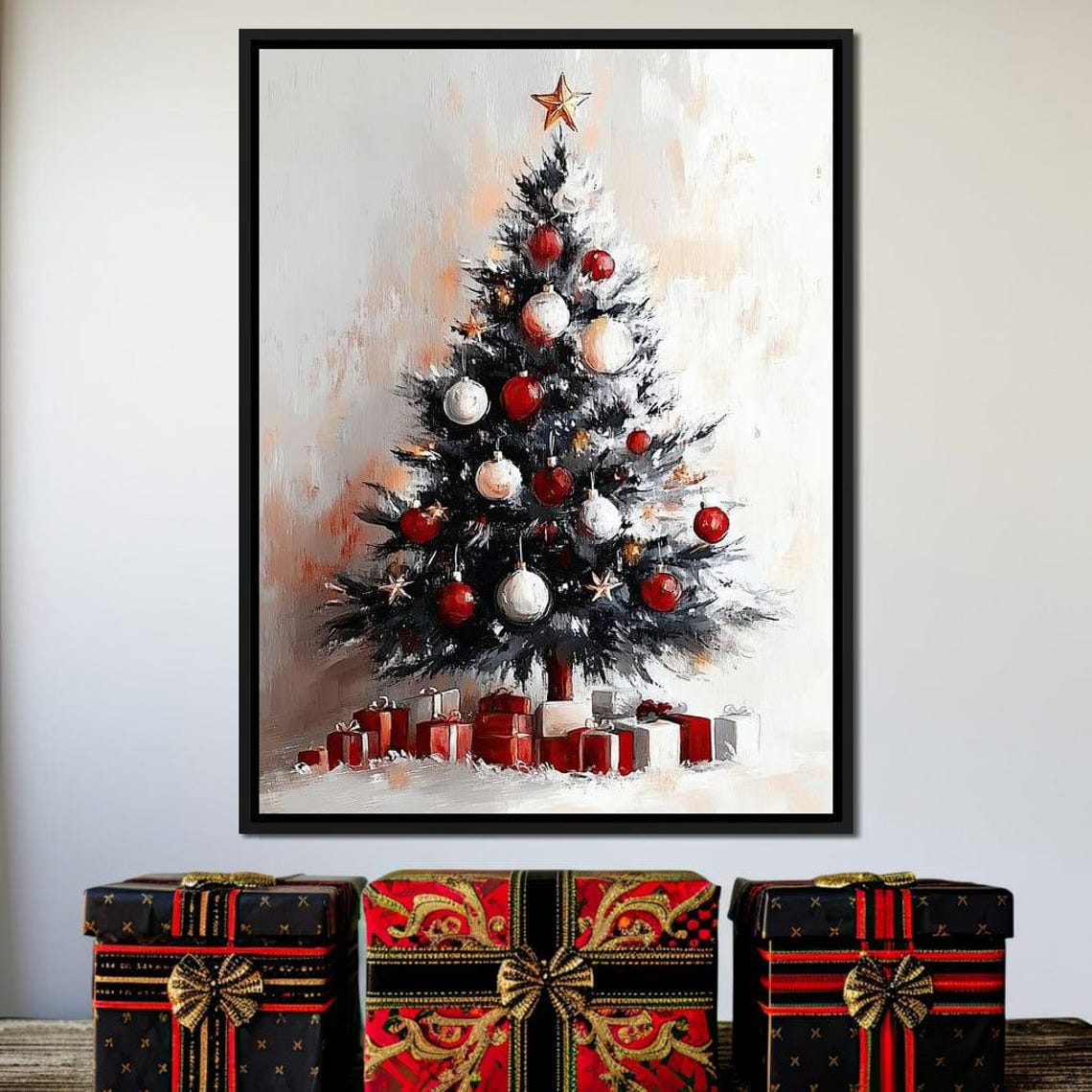 Christmas Tree With Red Ornaments Gifts Painterly Holiday Poster - Image 4
