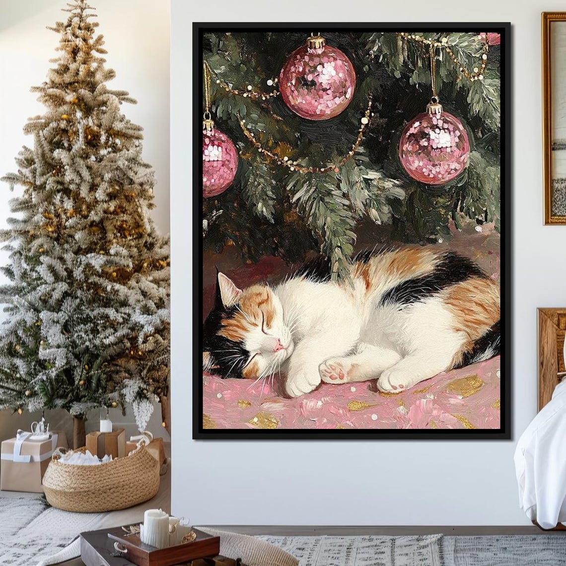Calico Cat Sleeping Under Christmas Tree With Pink Ornaments Poster - Image 4