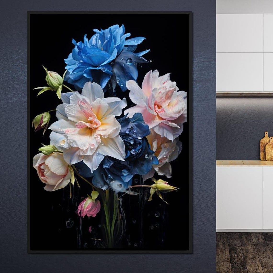 Blue and Pink Peony Bouquet Water Drops Dark Floral Wall Art Print