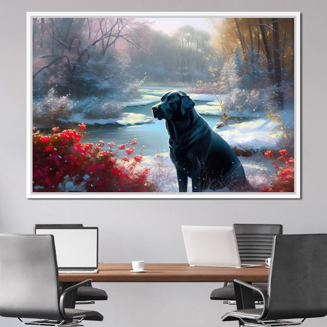 Black Labrador Winter Stream Snowy Forest Dog Painting Wall Art Print