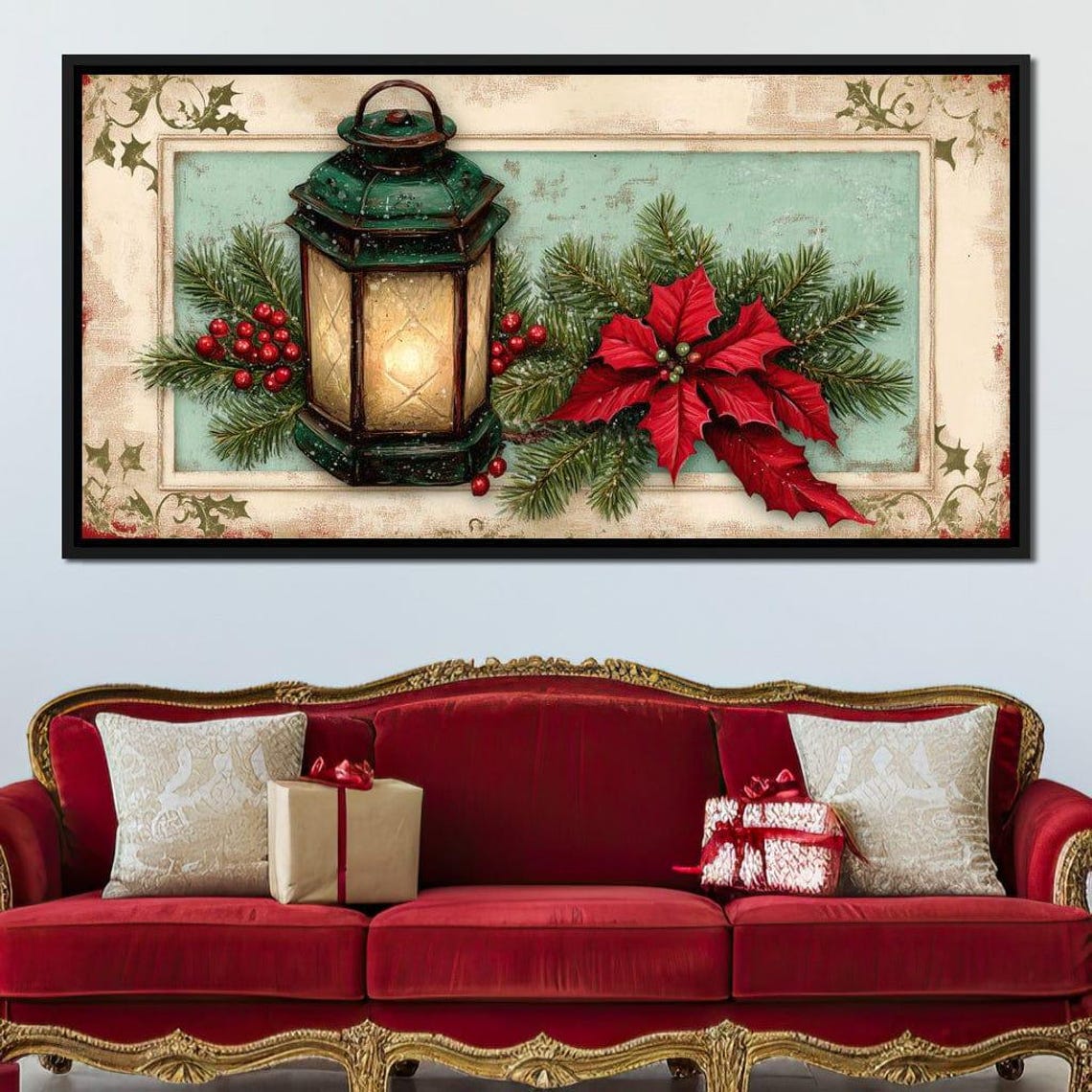 Rustic Green Lantern With Poinsettia Pine Vintage Christmas Poster - Image 3